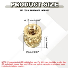 PATIKIL M1 Threaded Inserts M1x2x2mm, 120 Pcs Brass Heat Set Insert Female Threaded Inserts Metric Knurled Nuts Embedment Nut for Plastic and 3D Printing Components, Gold