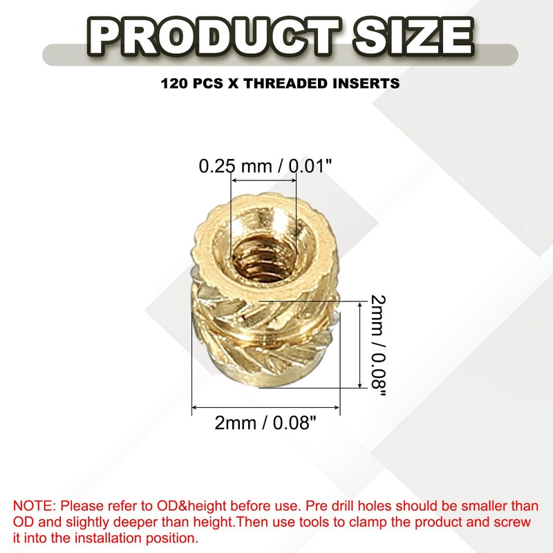 PATIKIL M1 Threaded Inserts M1x2x2mm, 120 Pcs Brass Heat Set