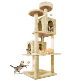 TSCOMON 58.5inch Large Cat Tree Tower Condo for Indoor Cats, Soft Plush Multi-Level Climbing Tree Cat House with 1 360° Rotating Cat Cave, Scratching Post, More Entrance/Exit, Sisal Rope, Beige Yellow