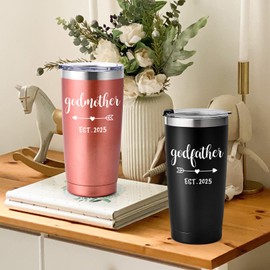 LiqCool Godparents Gift, Godparents Proposal Gift from Godchild, 20 Oz Godmother & Godfather Est 2025 Tumbler Set, Cool Gifts for Godparents on Christmas Birthday Mother's Day(Black&Rose Gold)