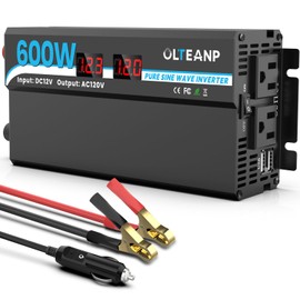 OLTEANP 600W Power Inverter Pure Sine Wave Inverter 12V DC to 120V AC Converter for Car, Truck, Home, Vehicles, Laptop, Car Inverter 12V to 110V with 2 AC Outlets, 2 USB Ports, LCD Display