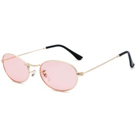 RUNHUIS Small Oval Sunglasses Women Men Vintage Classic Hippie Glasses Metal Frame Round Sunglasses, Gold/Pink