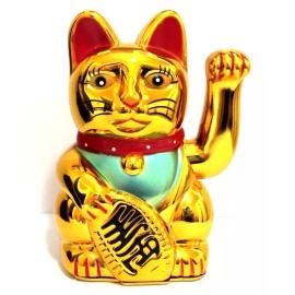 Feng Shui GOLD BECKONING CAT Wealth Lucky Waving Kitty Maneki Neko 5" Tall