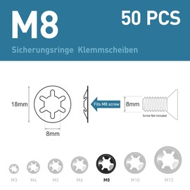 BOUMVID Pack of 50 M8 Starlock Washers, Black Circlips Clamping Ring Clamping Discs, 65Mn Manganese Steel Inner Tooth Starlock Washers, Speed Tooth Lock Washers