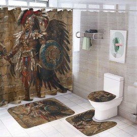 4Pcs Retro Aztec Warrior Shower Curtain Sets Bathroom Decor, Classic Historical Culture Shower Curtain with Non Slip Rug, Toilet Lid Cover, Bath Mat and 12 Hooks 72W x 72L