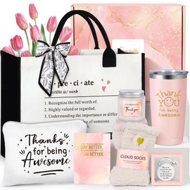 Suhctuptx Thank You Gifts for Women, Employee Appreciation Gift, Appreciation Basket for Coworkers Teachers Employees, Gratitude Box with Canvas Tote Bag Thank You for Being Awesome Tumbler Pink