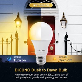 DiCUNO - Bombillas con sensor de luz de anochecer al amanecer para exteriores, foco LED A19 de encendido/apagado automático, equivalente a 9 W de 60 W, blanco suave de 2700 K, 800 lm, iluminación