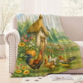 Wicked Farmhouse Rooster and Hen Blanket,50x60in,Cozy Flannel Throw with Rustic Barnyard Chicken Duck Flower Design,Soft Lightweight Gifts Blankets for Women,Sofa Bed Travel Country Decor