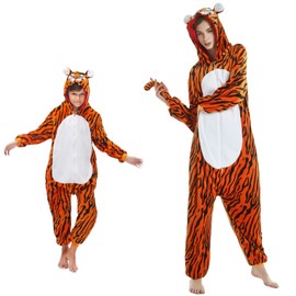 emmarcon Animal pyjamas for children, one piece flannel jumpsuit, comfortable, warm and soft, tiger