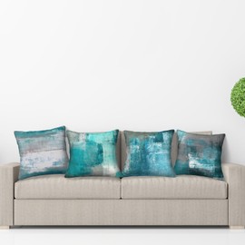 HOSTECCO Teal Cushion Covers 50x50 cm Pack of 4 Turquoise Pillow Cases Abstract Modern Decorative Pillow Covers for Sofa Couch Living Room