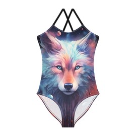 Traje de baño de una pieza para niñas, colorido traje de baño de playa de lobo, traje de baño deportivo halter, talla 3T, Lobo colorido, 9-10 Años