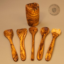 DAS OLIVENHOLZBRETT® Cutlery Holder/Quiver 16 cm Rustic Including Set of 5 Spatula / Cooking Spoon, Spoon with Corner + Salad Servers Olive Wood / Kitchen Utensils Wooden Set / Cooking Spoon Set 30 cm