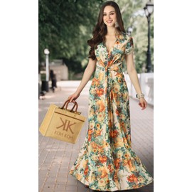 KOH KOH Plus Size Womens Long Casual Flowy V-Neck A-line Spring Summer Short Cap Sleeve Modest Floral Flower Print Cute Maternity Tall Sundress Maxi Dress Dresses, Orange Green 2XL 18-20