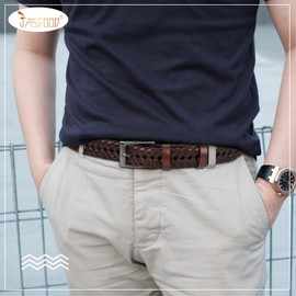 JASGOOD Men's Braided Leather Belt Braided Woven Belt for Men Casual Jeans Pants with Silver Buckle(Brown,Suit for Pant Size 38"-42")