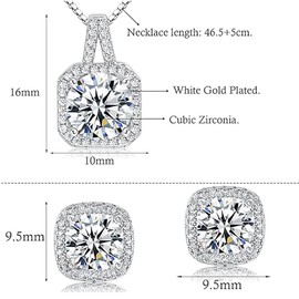 Hadskiss Silver Cubic Zirconia Earrings and Pendant Necklace Link Bracelet Set for Women 14K White Gold Plated Square Wedding Jewelry Sets for Bride Bridesmaid
