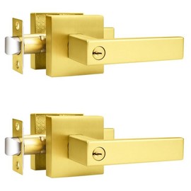 Probrico Brushed Gold Keyed Alike Entry Door Handle Knob Square Heavy Duty Satin Brass Door Lever Lockset Reversible for Exterior and Interior Doors, 2 Pack