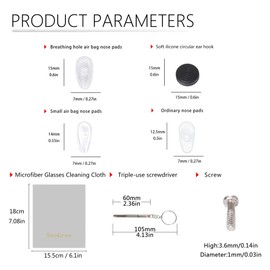 SooGree 5 Pack Breathable Air Chamber Eyeglass Nose Pads,5 Small Air Bags Nose Pads, 10 Hard Silicone Nose Pads 1 Black Round Ear Hook and 1 White 1 Piece of Glasses Cleaning Cloth Screw Screwdriver
