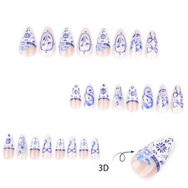Almond Press on Nails Medium Long Blue Fake Nails with 3D Flower Bow Designs Cute False Nails French Artificial Nails Gel Acrylic Glue on Nails Summer Fall Stick on Nails for Women 24Pcs