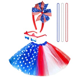 BEBAOVO Patriotic Tutu Costume Set, Stars and Stripes Skirt, Bow Headband, Sunglasses, Beaded Necklaces, 4th of July Party Accessories, Red White Blue Style for Independence Day Memorial Day
