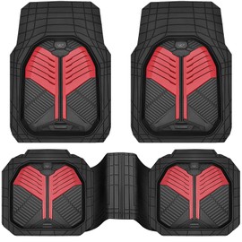 CAR PASS Heavy Duty Rubber Car Mats, Deep-Dish Car Floor Mats All Weather, Universal Two-Tone Trim-to-Fit for SUVs Trucks Sedans, Waterproof Anti-Slip, 3 Pieces V12 Black and Metallic Red