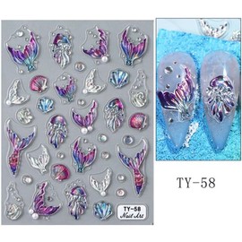 3 Sheets 5D Embossed Ocean Nail Stickers Aurora Mermaid Nail Decals Laser Pearl Fish Tail Nail Designs Pink Purple Shell Self-Adhesive Colorful Fish Tail Nails Supplies for Women DIY Manicure