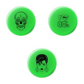 80's Skull Face with Sunglasses - I Love The 80s - 1980's Woman Small Mini Badges - Fluorescent Green - UV Reactive Black Light Glow - Pin Button Badge - 3 Pack