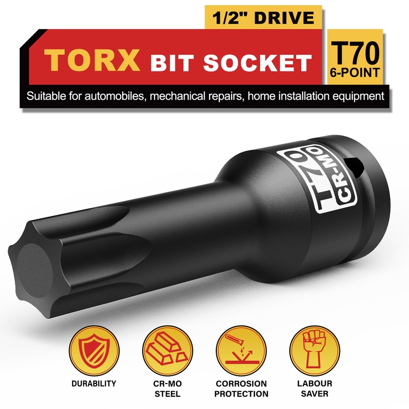 KIRXST 1/2" Drive T70 Torx Bit Socket, 6 Point Star