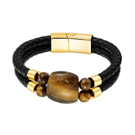 EJARY Men's Tiger Eye Leather Bracelets Double Row Braided Rope Bracelet for Men, Yellow Tiger Eyes Black Leather Cuff Bracelets Gold Stainless Steel Clasp