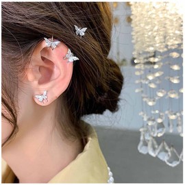 Yheakne Butterfly Cuff Wrap Earrings, Gold, Butterfly Ear Climber, Small Crystal Stud Earrings, Rhinestone Helix Cuff Earrings, Jewelry for Women and Girls (Gold), Alloy Steel Silver