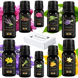 Women's Essential Oils Set of 10 - Floral & Gentle for Home Wellness - Vanilla Oil, Patchouli Oil, Jasmine Oil, Orange Oil, Lavender Oil, Ylang Ylang Oil, Clove Oil and Others - 100% Natural - 10 × 10