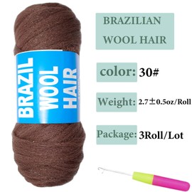 3 Roll Natural Brazilian Wool Hair for Jumbo Braids Braiding Hair Senegalese Twist Crochet Hair Extensions 100% Wool Yarn for Soft Faux Locs Crochet Hair for Black Women (30#, 3Roll)