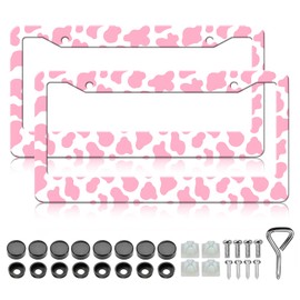 Cow Print License Plate Frame - 2 PCS Cute Pink Cow Print Animal Spots License Plate Holder, Rust-Proof Stainless Steel License Plate Cover Decoration with Screws Caps for Standard Us 12x6 Inch