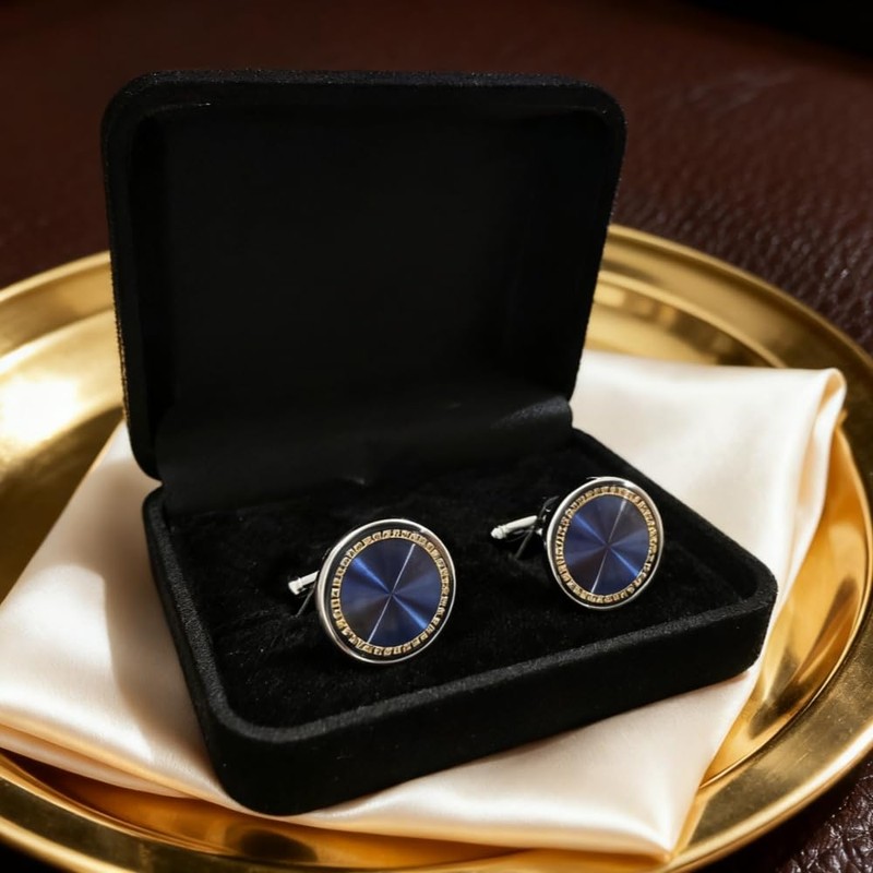 Men's Cufflink Set, Electroplated Silver with Blue Patterned Cufflinks, Comes