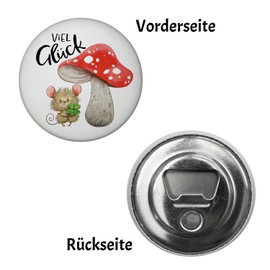 Mouse with Toadstool Magnet with Bottle Opener Round with Saying Good Luck Lucky Charm for Health Happiness Clover Mushroom Watercolour Original Greetings