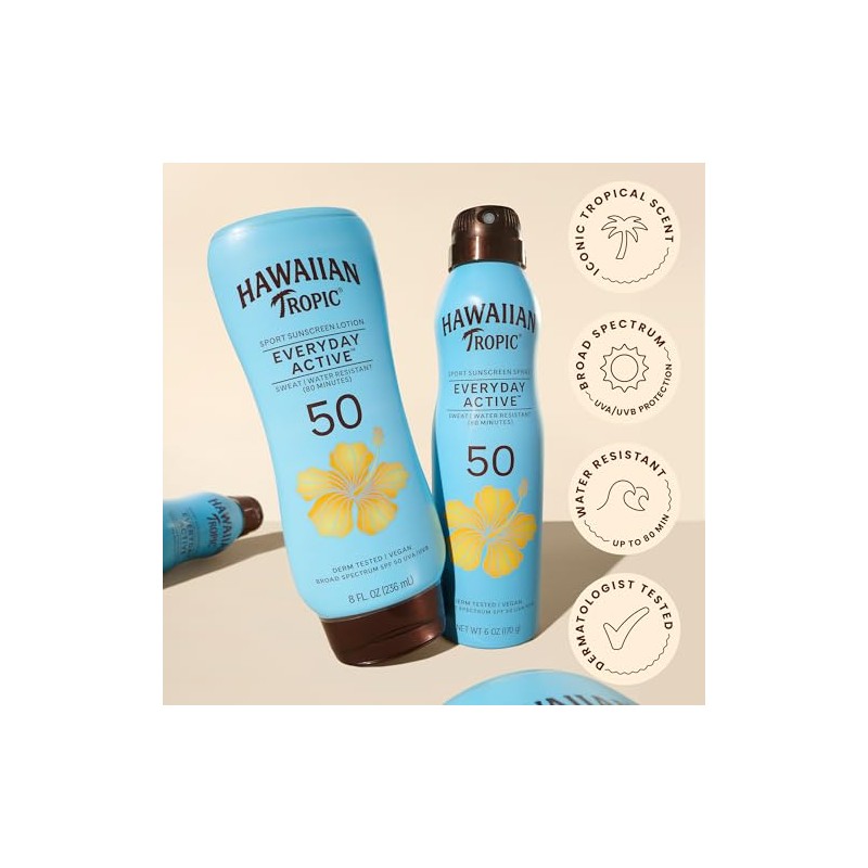 Hawaiian Tropic Everyday Active Sunscreen Lotion, SPF 50 Sunblock, 8