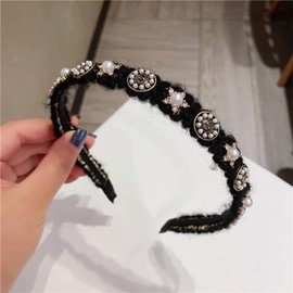 Aimimier Baroque Crystal Headband Bridal Vintage Faux Pearl Floral Crown Luxury Rhinestone Wide Hair Hoop for Wedding (Black)