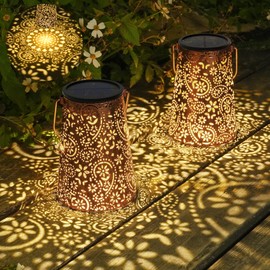 JOYCREATOR Pack of 2 Solar Lanterns for Outdoor Use, Waterproof, Paisley Solar Lanterns for Outdoor Hanging, Metal Decorative Solar Lights for Outdoor Garden for Patio, Tree, Lawn, Vintage