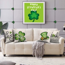 OPULANE St Patricks Day Pillow Covers 18x18 Set of 4 Lucky Irish Clovers Shamrocks Hat Decorative Throw Pillowcases Spring Holiday Decorations for Sofa Couch Farmhouse Home Decor