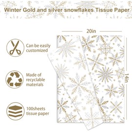 JarThenaAMCS 100 Sheets Christmas Tissue Paper Gold Silver Snowflake Gift Wrapping Paper Winter Art Paper for Winter Xmas Home Party DIY Crafts Supplies, 14 x 20 Inch