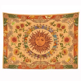 Ulticool - Sun Mandala Flowers Moon Nature Retro - Tapestry - 200 x 150 cm - Large Tapestry - Poster - Ochre Yellow Orange Green