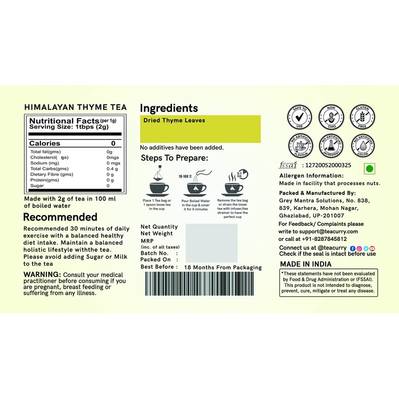 TEACURRY Himalayan Thyme Tea (30 Tea Bags 1 Month Pack)