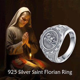 SHEAISRS Men's Cross Rings 925 Sterling Silver St Florian Medal Amulet Catholic Rings for Women Protection Jewelry for Men 8#
