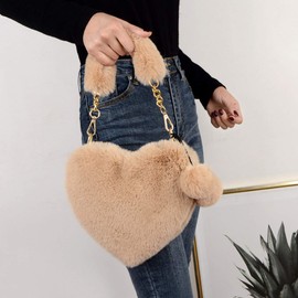 VALICLUD Shoulder Bag Faux Fur Purse Heart Shaped Purse Furry Clutch Fluffy Handbag for Women