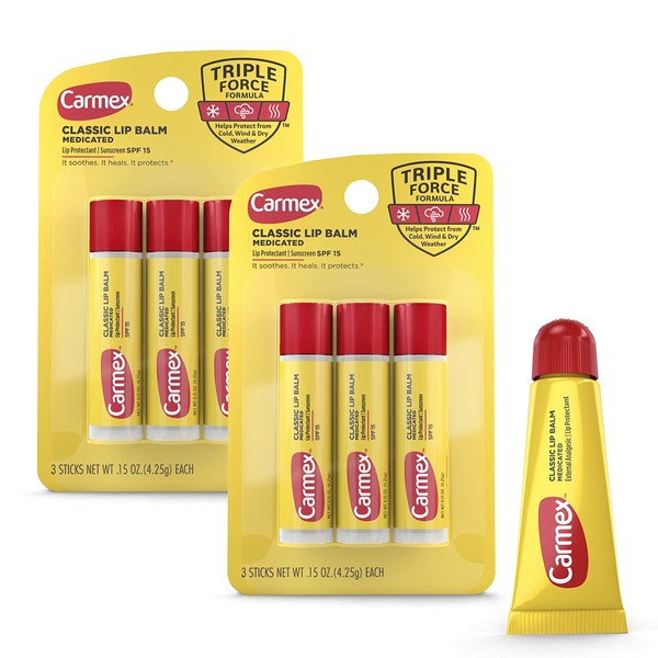 Carmex Medicated Lip Balm Sticks, Lip Moisturizer for Dry, Chapped Lips, 0.15oz, 3 Count (2 Packs) plus 1 Count Carmex Lip Balm Tube, 0.35oz
