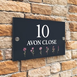 Badgemaster Floral Modern Floral Anthracite House Number Sign Plaque Stainless Steel Standoffs 20cm x 13cm Pink Flowers Bottom