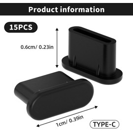15 Piece of Type C Dust Cover, USB Type C Anti Dust Cap Cover Port Plugs Protector Compatible, Type C Dust Protection Plug, USB C Dust Plug for All Type-C Smartphones and Tablets (Black)