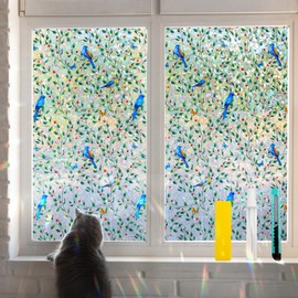 Window Privacy Film Stain Glass Window Film Rainbow Window Film Window clings Non-Adhesive Reusable Decorative for Room (Colorful Birds on Vines, 17.5 X 78.7 in)