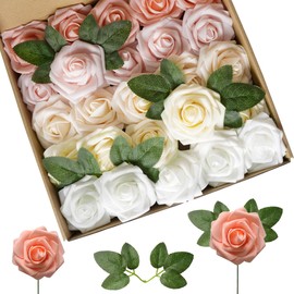 Lansdowns Artificial Flower Foam Rose 25pcs Real Looking Fake Rose with Stems Leaves for Home Decoration Party Garden Centerpieces DIY Wedding Bouquets（Shades of Pink Rose）