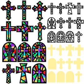 Motipuns 24 Sets Easter Religious Paper Cross Crafts DIY Easter Window Stained Glass Effect Tissue Paper Christian Home Sunday Resurrection Church Craft Decoration Creative Activity Project Gift Favor