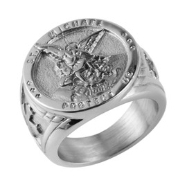 HZMAN St. Michael San Miguel The Great Protector Archangel Defeating Satan Figurine Stainless Steel Amulet Ring (Silver,8)